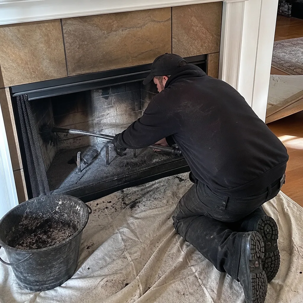 Professional chimney sweep cleaning a fireplace with a wire brush