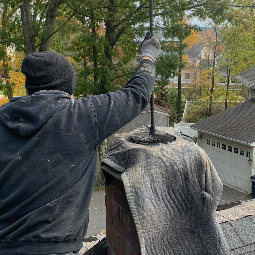 Professional technician performing a thorough chimney sweep from the rooftop.