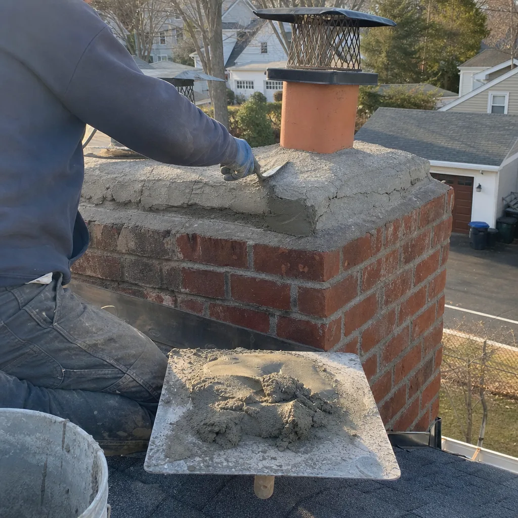 Professional technician performing masonry chimney crown repair and restoration services