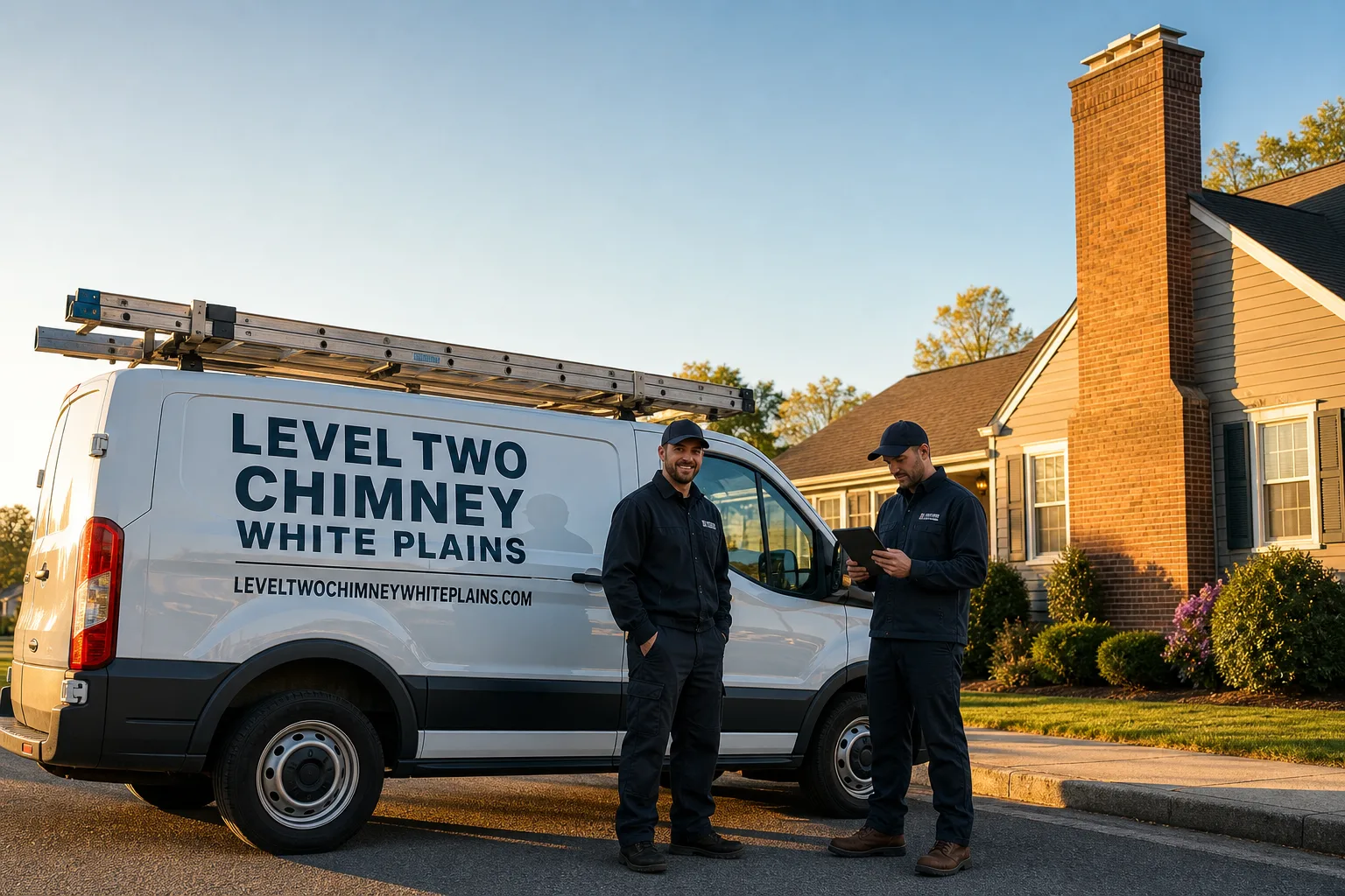 Emberly Chimney Cleaners White Plains chimney cleaning service vehicle and crew in White Plains, NY
